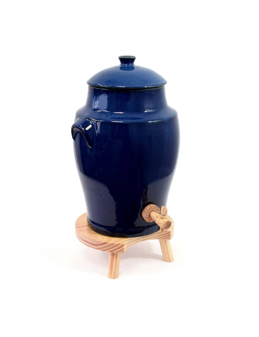 Vinaigrier bleu provence en Grès - 4 litres avec son Tabouret en Bois