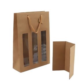 Sac 3 bouteilles Kraft brun 175g poignée cordelière - avec fenêtre