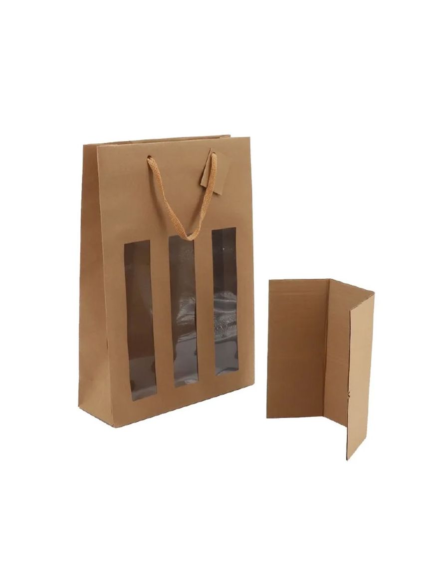 Sac 3 bouteilles Kraft brun 175g poignée cordelière - avec fenêtre