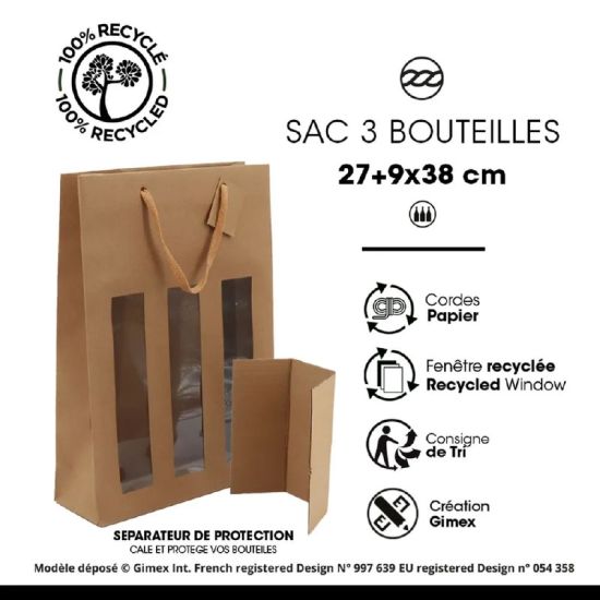 Sac 3 bouteilles Kraft brun 175g poignée cordelière - avec fenêtre