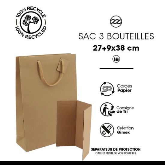 Sac 3 bouteilles Kraft brun 175g poignée cordelière - sans fenêtre