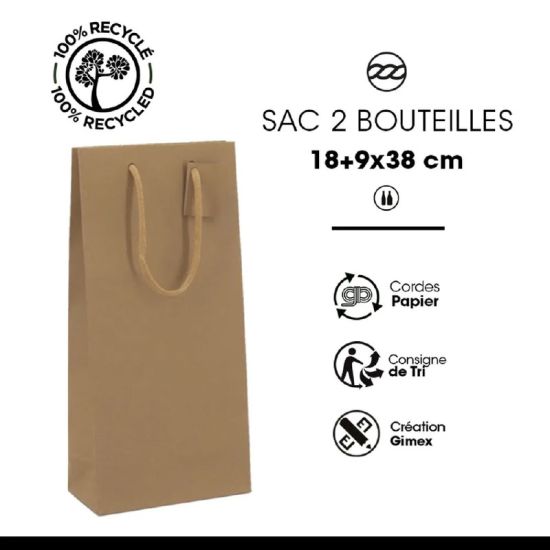 Sac 2 bouteilles Kraft brun 175g poignée cordelière - sans fenêtre