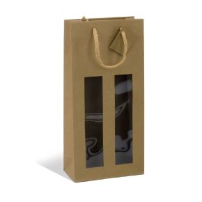 Sac 2 bouteilles Kraft brun 175g poignée cordelière - avec fenêtre
