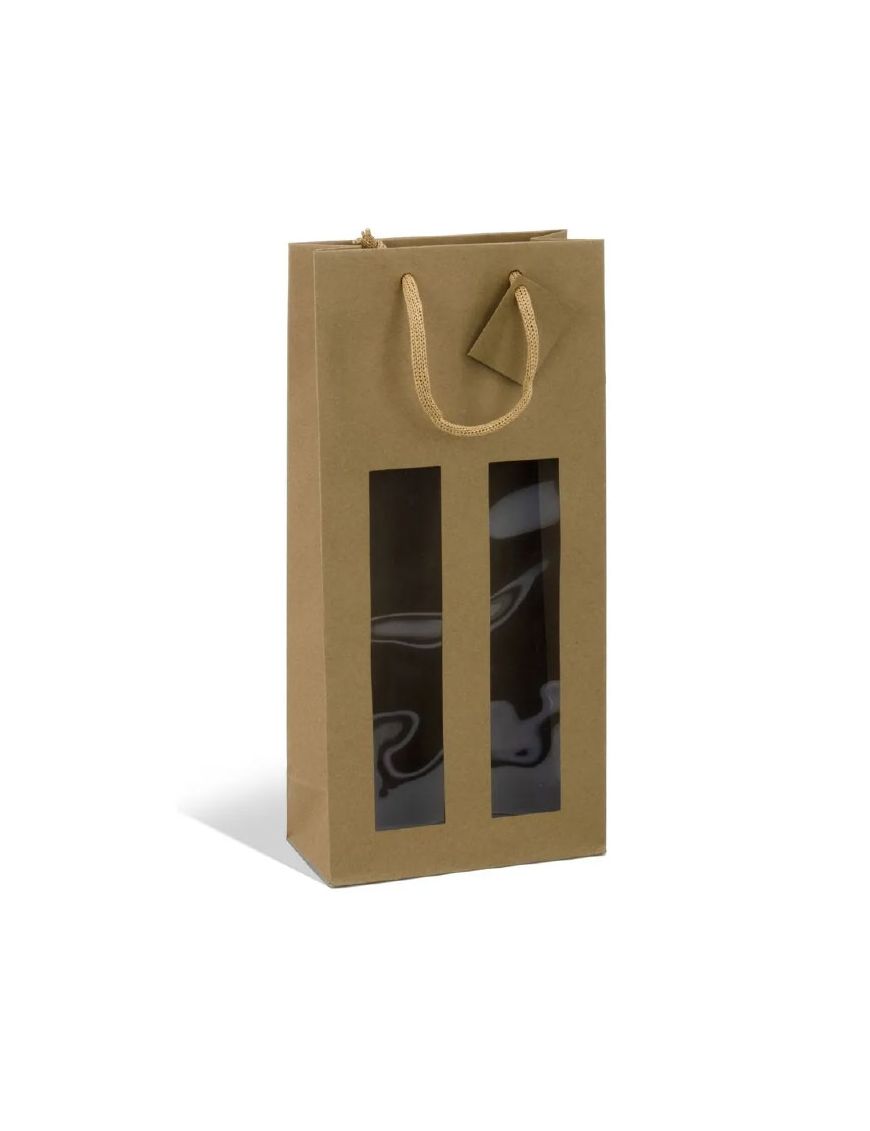 Sac 2 bouteilles Kraft brun 175g poignée cordelière - avec fenêtre