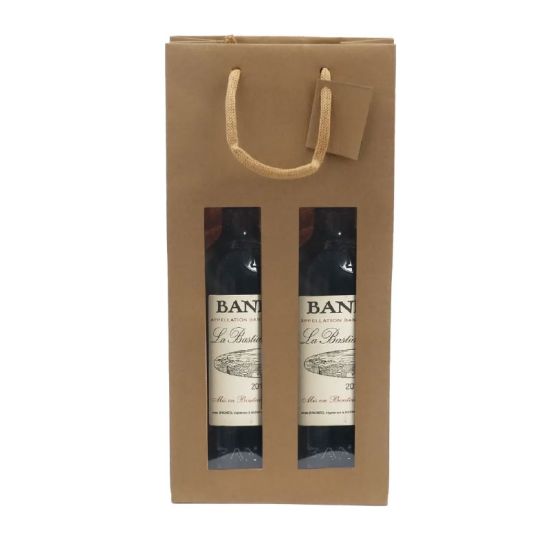 Sac 2 bouteilles Kraft brun 175g poignée cordelière - avec fenêtre