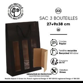 Sac fenêtre 3 bouteilles Noir mat 175g poignées cordelières