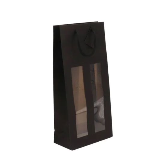 Sac fenêtre 2 bouteilles Noir mat 175g poignées cordelières Sac fenêtre 2 bouteilles Noir mat 175g poignées cordelières