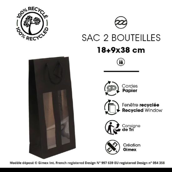 Sac fenêtre 2 bouteilles Noir mat 175g poignées cordelières