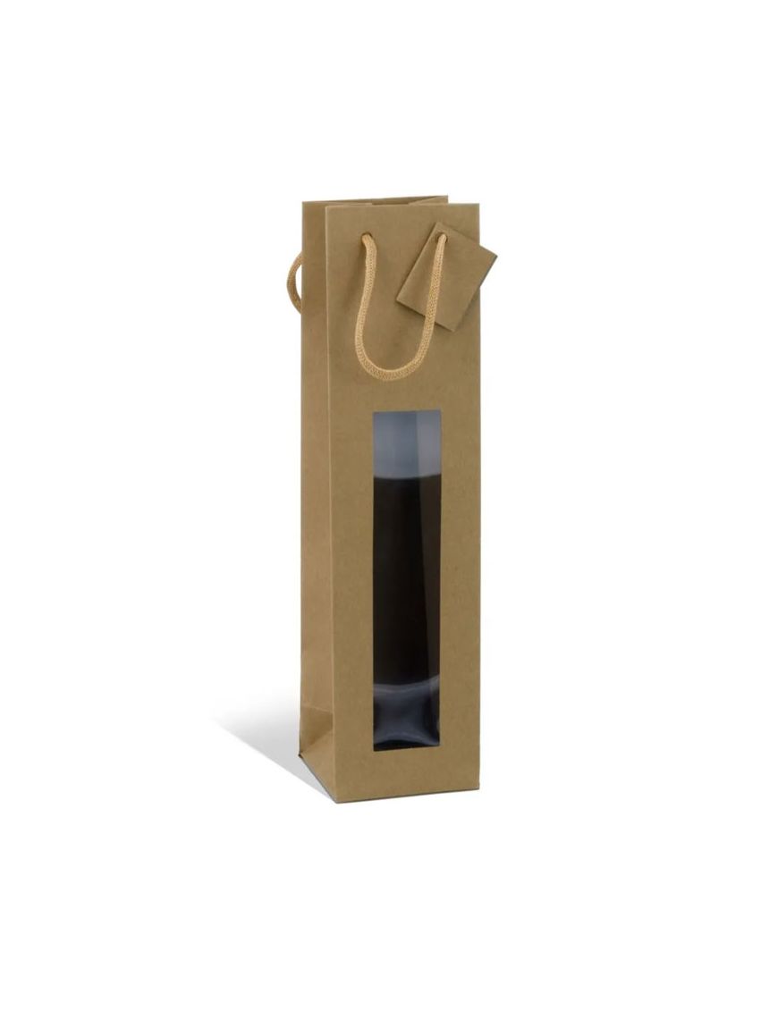 Sac 1 bouteille Kraft brun 175g poignée cordelière - avec fenêtre