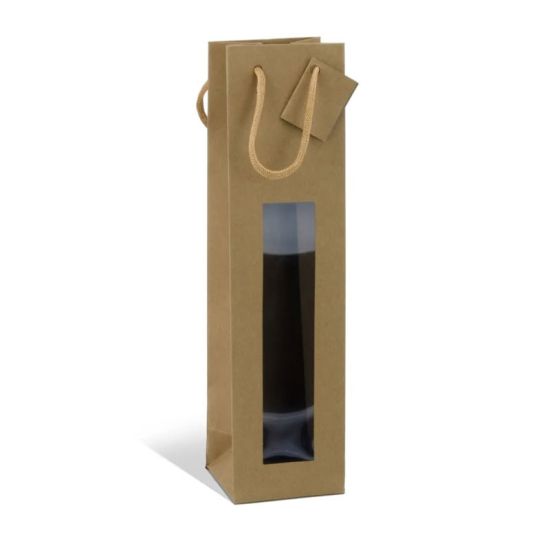 Sac 1 bouteille Kraft brun 175g poignée cordelière - avec fenêtre Sac 1 bouteille Kraft brun 175g poignée cordelière - avec fenêtre